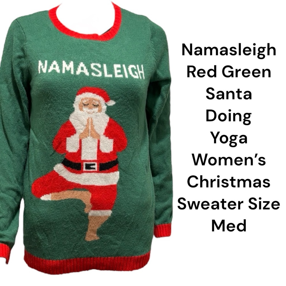 Ugly Christmas Sweater Green Red "Namasleigh" Santa Yoga Crewneck